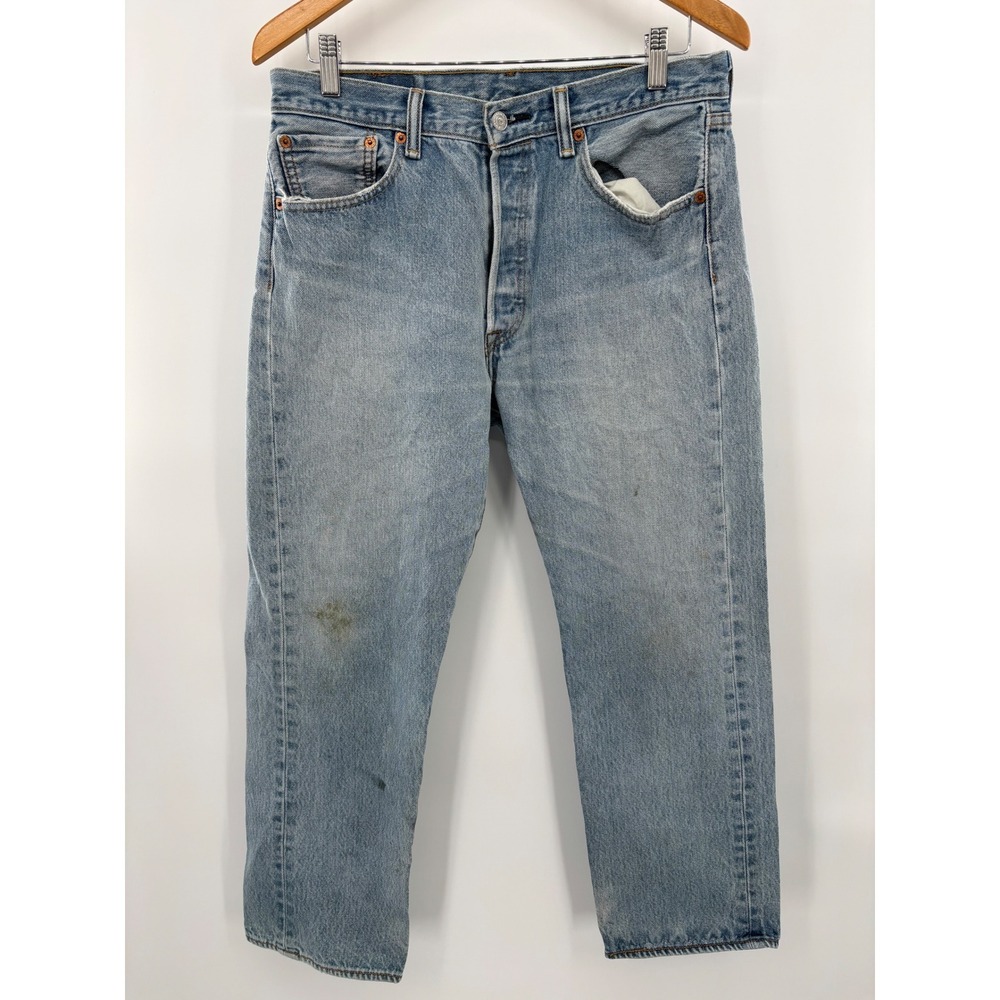 Levis 501XX Mens 34x30 Jeans Y2K Light Distressed Blue Workwear Faded Denim